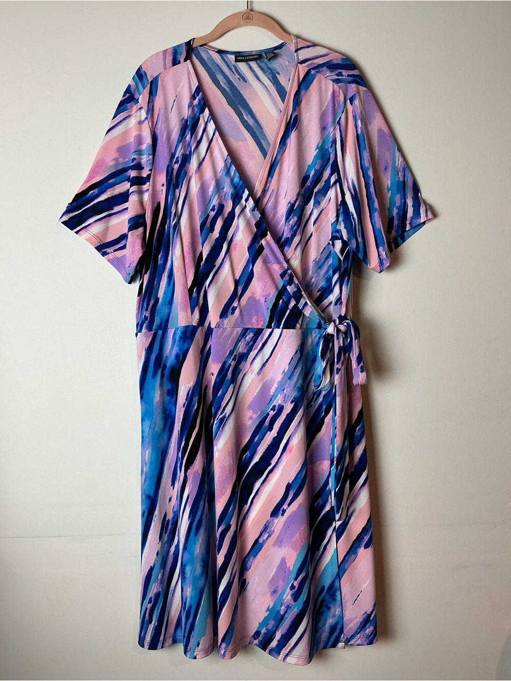 Nina Leonard Abstract Wrap Dress V-Neck Stretch Tie Waist Size 3X